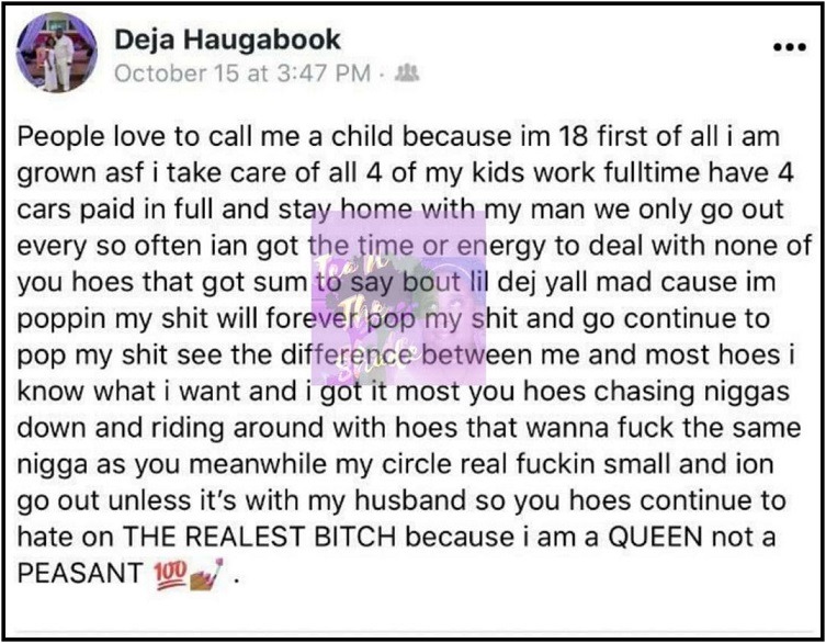 Man Grooms his Goddaughter Deja Then Married Her Once She Turned 18 and Deja Haugabook Responds to Backlash. 55 Year Old Man Groomed his Goddaughter Deja then Married Her when She turned 18. Is Mike Haugabook a Pedophile? Deja Haugabook Reacts to Backlash From People Saying Mike Haugabook Was Grooming His Goddaughter. On Facebook people who know Mike Haugabook say he was grooming his goddaughter since she was 16. It's alleged he got Deja pregnant when she was only 16 years old. They also alleged there is evidence that he has had relationships with other underage women. Arrest records also show Mike Haugabook was arrested for trafficking cocaine, and driving an unregistered car. Mike Haugabook Deja wedding photos and video. Deja Haugabook got banned from Facebook after posting this message