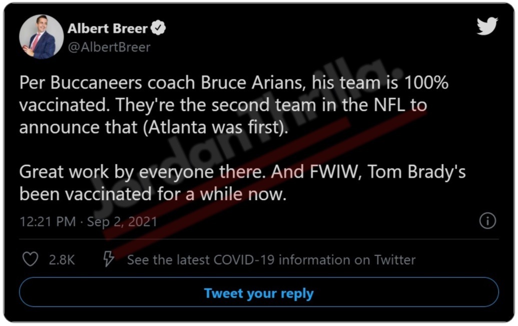 Did COVID Vaccine Make Tom Brady Sick? Here is Why People Think COVID-19 Vaccine Caused Tom Brady's Unexplained Medical Condition. Adverse side effect COVID-19 vaccine causing Tom Brady's medical throat condition. conspiracy theory of Tom Brady having adverse side effects from the COVID vaccine. Details on Conspiracy Theory COVID-19 Vaccine Caused Tom Brady's Unexplained Medical Condition