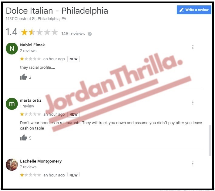 Wallo Exposing Racist Dolce Italian Manager Causes Google Reviews to Plummet and Manager Suspension. Details on How a Racist Dolce Italian Manager Racially Profiled Wallo Because He is Black. Dolce Italian Google Reviews Plummet After Wallo Exposes Racist Manager on Instagram Live. Dolce Italian Suspended the Manager who Racially Profiled Wallo. Racist Dolce Italian manager suspended for racially profiling Wallo. Chart showing Dolce Italian's Google Reviews have plummeted to 1.4 stars.