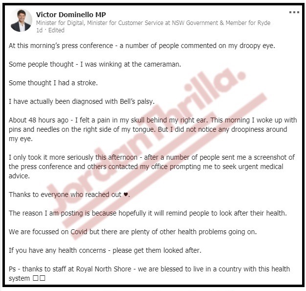 Is Australian Minister Victor Dominello's Droopy Eye Bell's Palsy a COVID Vaccine Side Effect? Details son how COVID-19 Vaccine caused Victor Dominello droopy eye bell's palsy. A Time Line Between Victor Dominello's Bell's Palsy Diagnosis and His COVID-19 Vaccine Jab