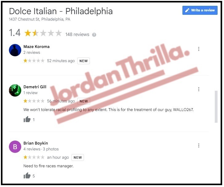 Wallo Exposing Racist Dolce Italian Manager Causes Google Reviews to Plummet and Manager Suspension. Details on How a Racist Dolce Italian Manager Racially Profiled Wallo Because He is Black. Dolce Italian Google Reviews Plummet After Wallo Exposes Racist Manager on Instagram Live. Dolce Italian Suspended the Manager who Racially Profiled Wallo. Racist Dolce Italian manager suspended for racially profiling Wallo. Chart showing Dolce Italian's Google Reviews have plummeted to 1.4 stars.