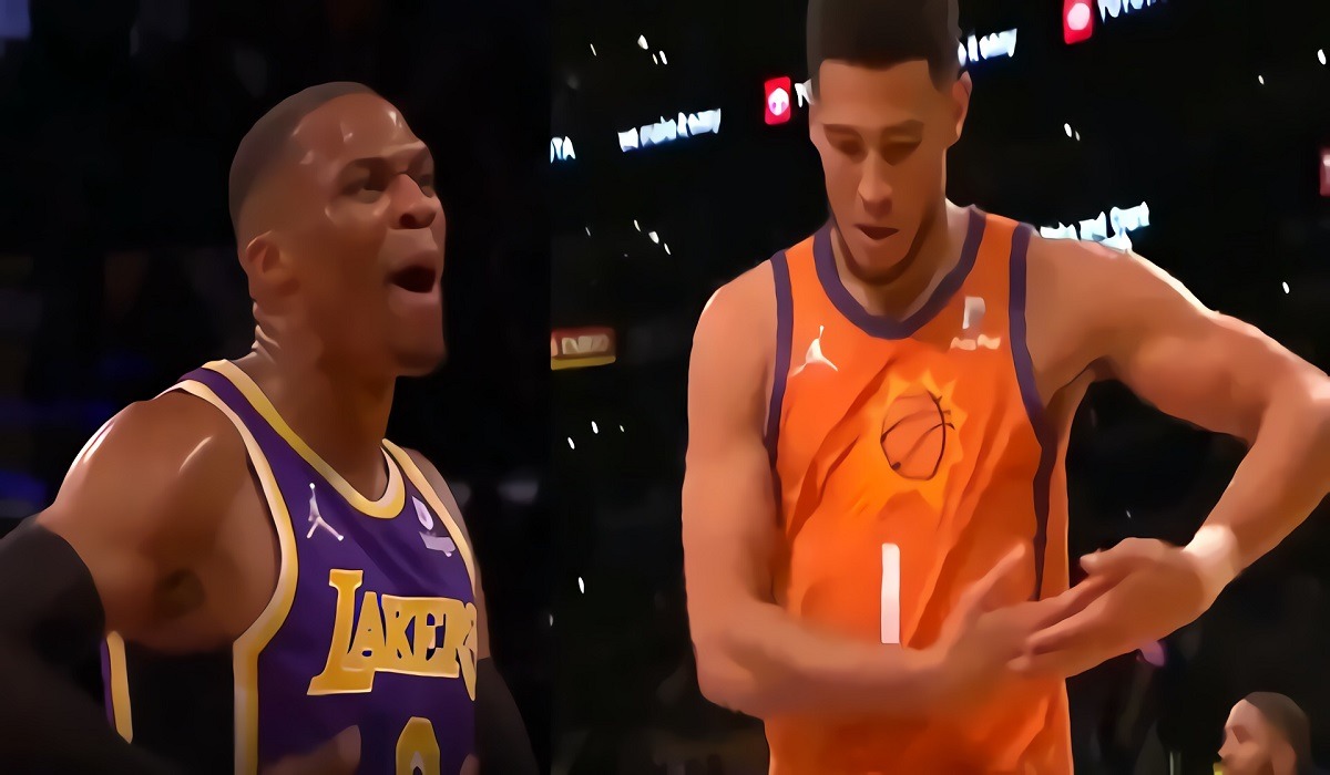 Devin Booker Does 'Rock the Baby' Taunt to Ether Russell Westbrook With His Own Taunt During Lakers vs Suns, Devin Booker Does to the Rock The Baby Taunt Russell Westbrook During Lakers vs Suns. Devin Booker rocked the baby taunt on Westbrook. Devin Booker rocking the baby.