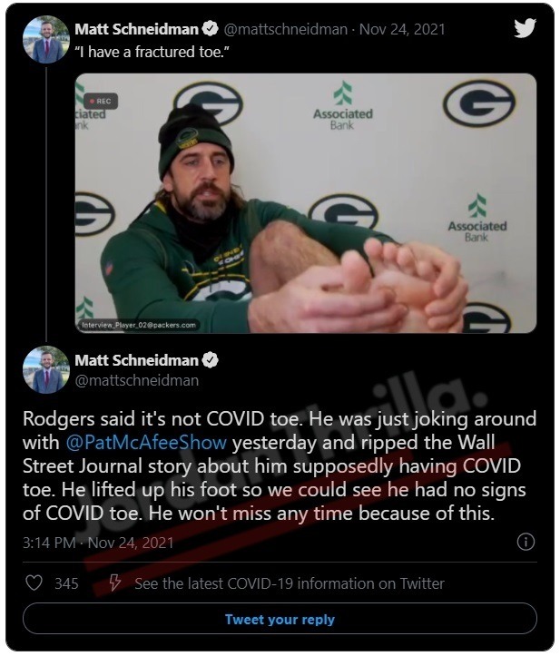 Does Aaron Rodgers Have COVID-19 Toe? Aaron Rodgers Shows Toe Evidence Debunking Wall Street Journal COVID Toe Story. How Did the Rumor Aaron Rodgers has COVID Toe Start? Aaron Rodgers exposes Wall Street Journal fake COVID toe story. Does Aaron Rodgers have COVID toe answer. Aaron Rodgers showing his toe to the camera.