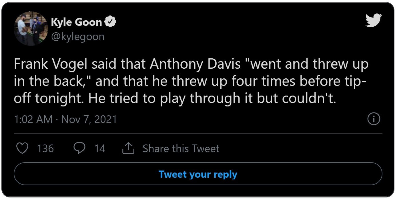 Ruthless Social Media Clowns Anthony Davis Throwing up 4 Times Before and During Lakers Loss to Trail Blazers. Social Media Reacts to Anthony Davis Throwing Up 4 Times Before Lakers vs Blazers. Frank Vogel Details Why Anthony Davis was Throwing Up Four Times Before and During Lakers Loss to Trail Blazers