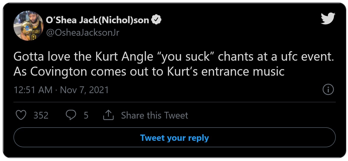 Social Media Reacts to Colby Covington Getting Kurt Angle 'You Suck' Theme Music Treatment During His UFC 268 Entrance. Colby Covington Gets the 'You Suck' Kurt Angle Treatment During UFC 268. UFC 268 crowd chanting "You Suck while Colby Covington's Kurt Angle entrance music was playing.