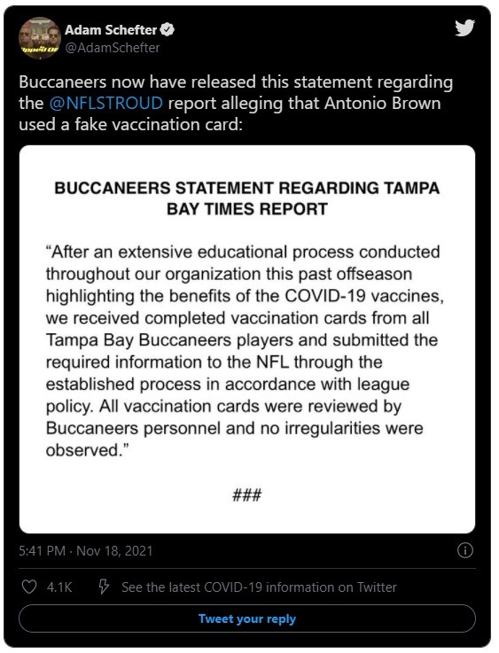 Did Antonio Brown's Chef Lie About Fake COVID-19 Vaccination Card Cydney Moreau Story? Buccaneers Statement Sparks Conspiracy Theory Details on Why People Think Antonio Brown's Chef Lied about the Fake COVID-19 Vaccination Card After Hearing Buccaneers Statement, According to reports the situation began when IG Model Cydney Moreau helped Antonio Brown obtain a fake COVID-19 Vaccination card for the Johnson & Johnson vaccine. Here were some celebrity reactions to Cydney Moreau and Antonio Brown fake COVID-19 vaccination card allegations.