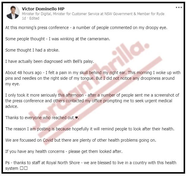 Details on How Conspiracy Theory Gavin Newsom Got Bell's Palsy From COVID-19 Vaccine Connects with Australian Minister Victor Dominello. Did COVID-19 Vaccine Booster Shot Give Gavin Newsom Bell's Palsy? Details on How Conspiracy Theory Gavin Newsom Has Bell's Palsy Side Effect From COVID-19 Vaccine Connects with Australian Minister Victor Dominello. Did Victor Dominello and Gavin Newsom Get Bell's Palsy from a COVID-19 Side Effect?