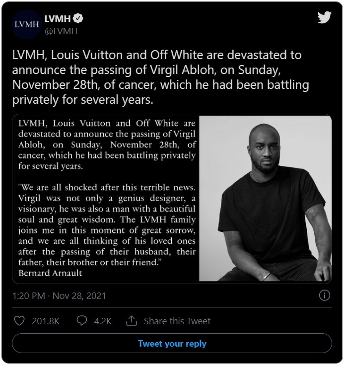 What Type of Rare Cancer Did Virgil Abloh Have? Celebrities and BTS React to Virgil Abloh Dead at 41 From Rarest Type of Cancer. According to reports Virgil Abloh had heart cancer. Why is Heart Cancer So Rare? BTS and Celebrities React to Virgil Abloh Death. Virgil Abloh's Legacy in Hip-Hop