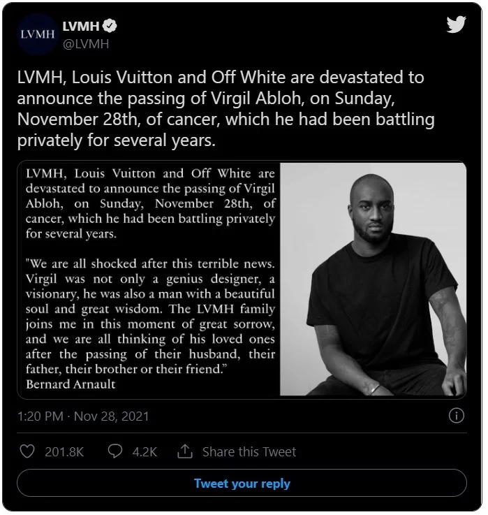 What Type of Rare Cancer Did Virgil Abloh Have? Celebrities and BTS ...