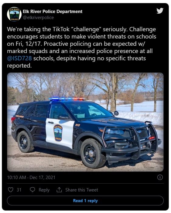 Schools in Minnesota Increase Police Presence on Campus due to TikTok School Shooting Challenge Videos. TikTok is Banning People who Post TikTok School Shooting Challenge Videos