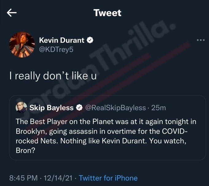 Why Did Kevin Durant Say He Doesn't Like Skip Bayless after Skip Bayless Called Him the Best Player on the Planet? Celebrities React to Kevin Durant Dissing Skip Bayles 'I Really Don't Like You' After Skip Bayless Calls Him Best Player in the League. Is Lebron James the Reason Kevin Durant Dissed Skip Bayless with 'I Really Don't Like You' Comment? Celebrities React 