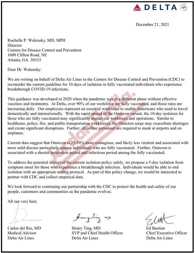 Did Delta Airlines CEO Ed Bastian Make CDC Cut Recommended Isolation Period for People with COVID-19 to Boost Profit? Delta Airlines CEO Ed Bastian sent a Letter to CDC Director Rochelle Walensky