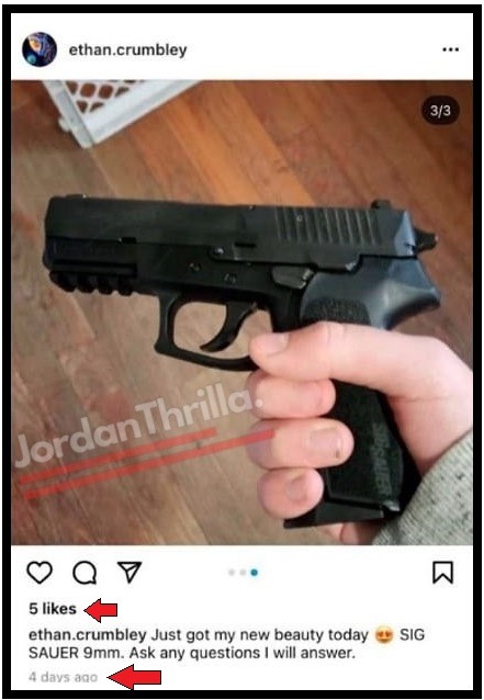 Ethan Crumbly Posted Picture of his Father's Gun on Instagram Before Oxford High School Mass Shooting. Ethan Crumbly's Parents Were Trump Supporters and Gun Rights Activists. Ethan Crumbly's Journal Found Containing Plans and Videos Detailing How He Would Massacre Oxford High School Students