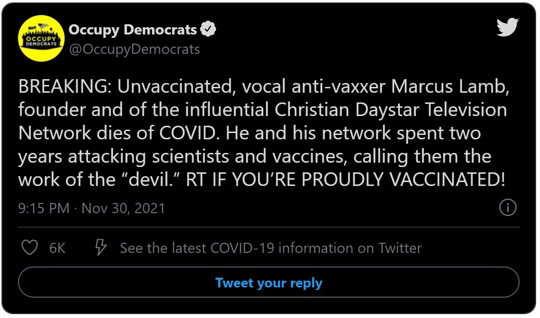 Democrats and Pro-Vaxxers Celebrate Marcus Lamb's Death From COVID-19 and Say His Grave Should be Spit On. Pro-vaxxer says to spit on Marcus Lamb Grave.