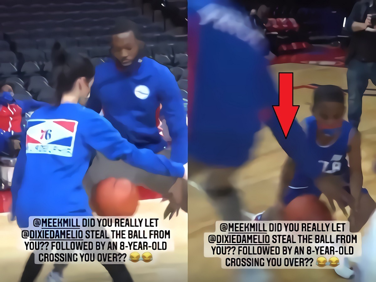 8 Year Old Kid Crosses Up Meek Mill After Dixie D'Amelio Steals Ball From Him During Basketball Game. Video of TikTok Star Dixie D'Amelio Stealing the Ball from Meek Mill who then Got Crossed Up by an 8 Year Old Kid Goes Viral. 8 Year old kid breaking Meek Mill's ankles