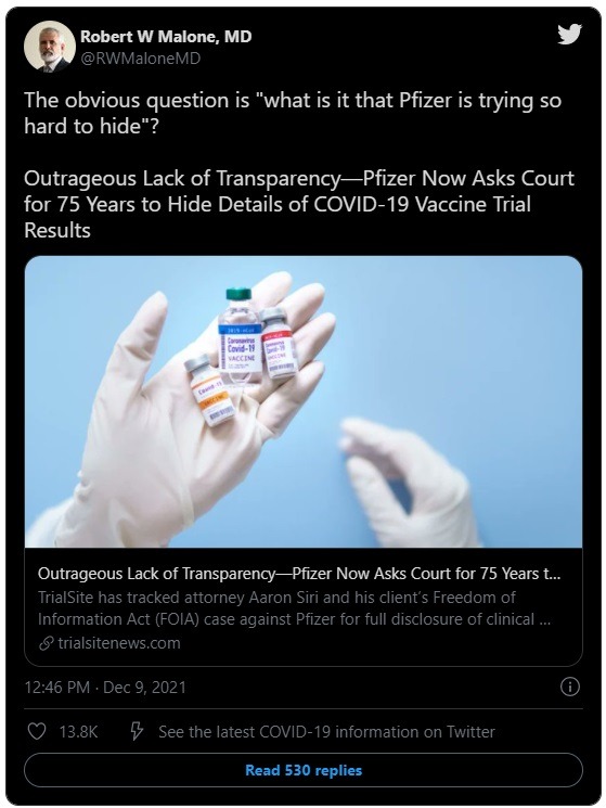 Why Did Pfizer Ask Court for 75 Years to Hide Details of COVID-19 Vaccine Trial Results? Doctor Robert Malone Reacts to Pfizer Requesting 75 Years to Hide COVID-19 Clinical Trial Results