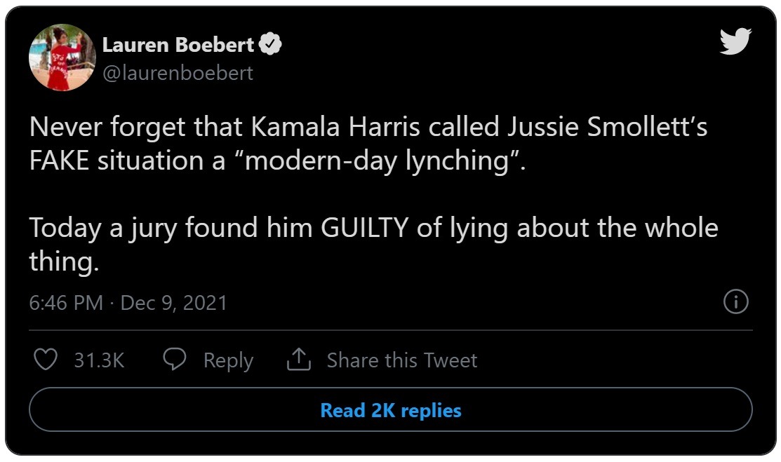 People calling for Kamala Harris and Joe Biden to be banned from Twitter for their Jussie Smollett comments prior to his guilty verdict