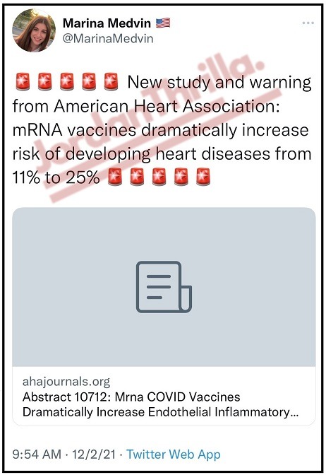 Why Did Twitter Put 'Unsafe' Label American Heart Association's mRNA Vaccine Warning Study? AHA study titled: 'Abstract 10712: Mrna COVID Vaccines dramatically increases Endothelial Inflammatory Markers and ACS Risk as Measured by the PULS Cardiac Test: a Warning'