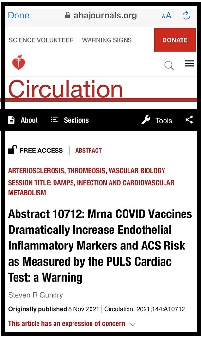 Did Twitter Falsely Label American Heart Association's mRNA COVID Vaccine Warning Study as 'Unsafe'? The AHA study titled: 'Abstract 10712: Mrna COVID Vaccines dramatically increases Endothelial Inflammatory Markers and ACS Risk as Measured by the PULS Cardiac Test: a Warning'