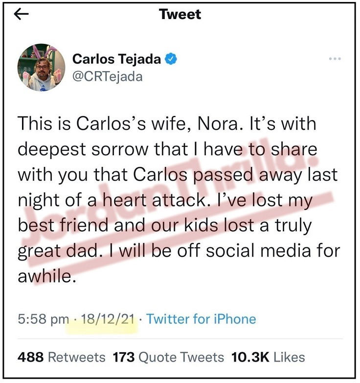 Details on How New York Times editor Carlos Tejada Died of a Heart Attack After Moderna Vaccine Booster Shot. Carlos Tejada Wife Nora Confirms He Died of a Heart Attack One Day After Moderna Booster Shot