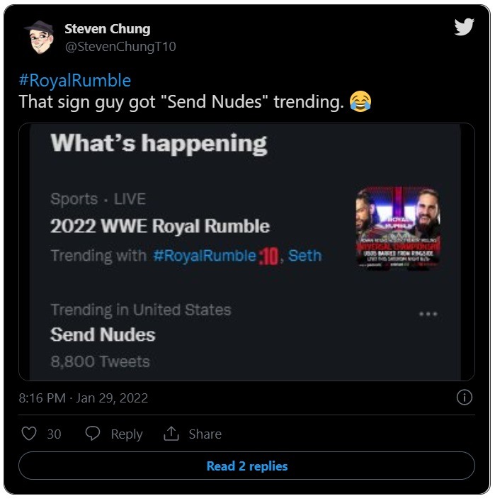 Details on Why 'Send Nudes' is Trending Because of WWE Royal Rumble 2022, Social Media Reactions to 'Send Nudes' at Royal Rumble 2022