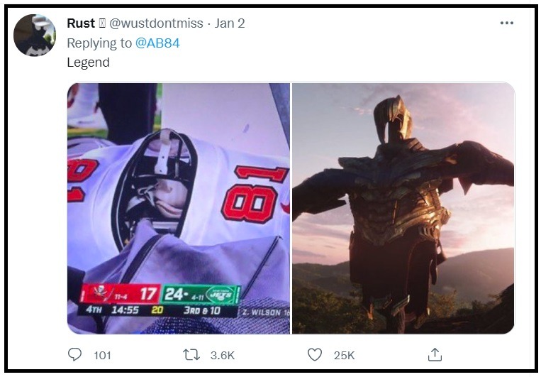 NFL Antonio Brown memes of Thanos armor scarecrow. 