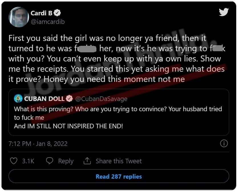 Cardi B and Cuban Doll Beef On Twitter Making Cuban Doll Accuse Offset of Trying to Smash Her in Threesome. Is Cuban Doll Lying about Offset Trying to Smash Her in Threesome? Cardi B Leaks Text Messages from Cuban Doll talking about Offset.