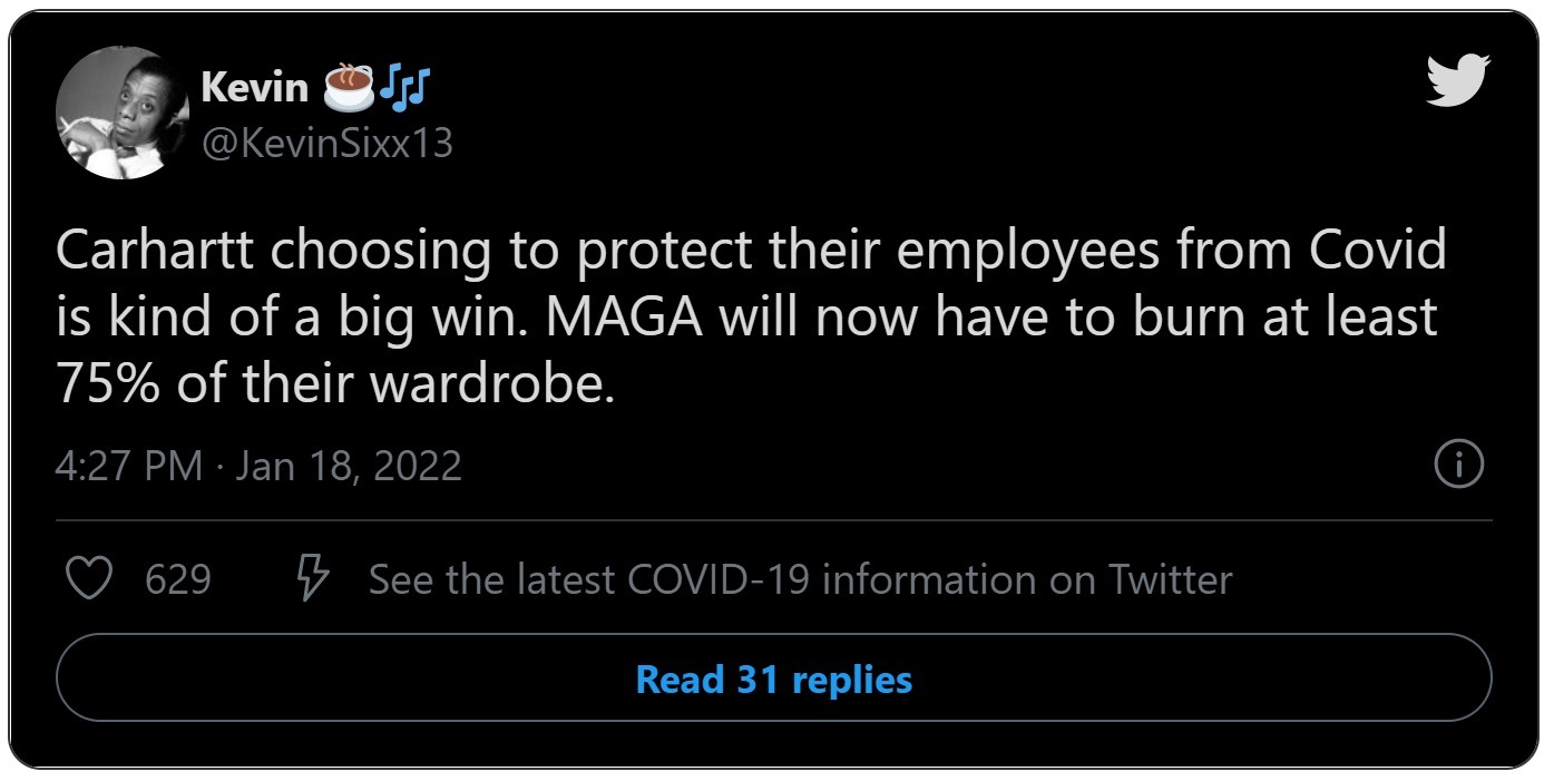 Boycott Carhartt tweet in reaction to Carhartt's leaked email enforcing a vaccine mandate for employees.