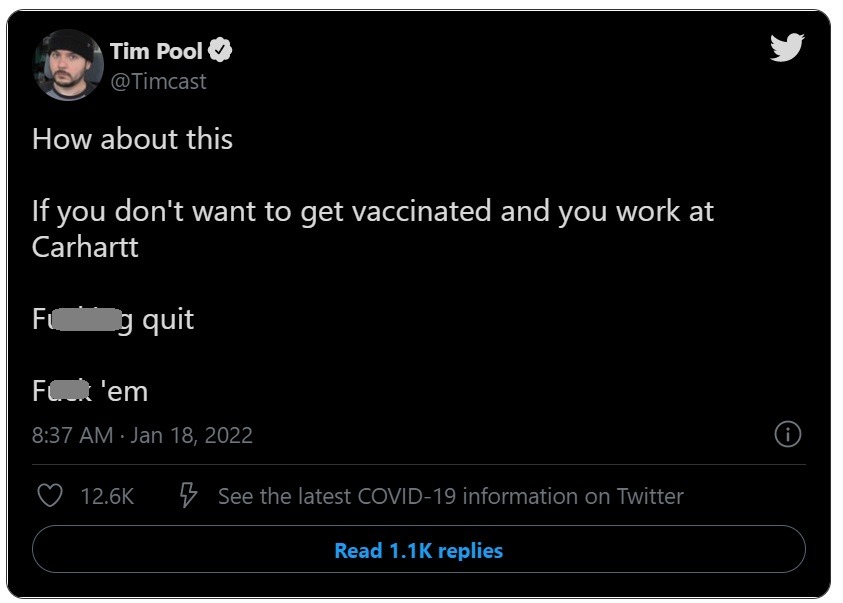 Boycott Carhartt tweet in reaction to Carhartt's leaked email enforcing a vaccine mandate for employees.