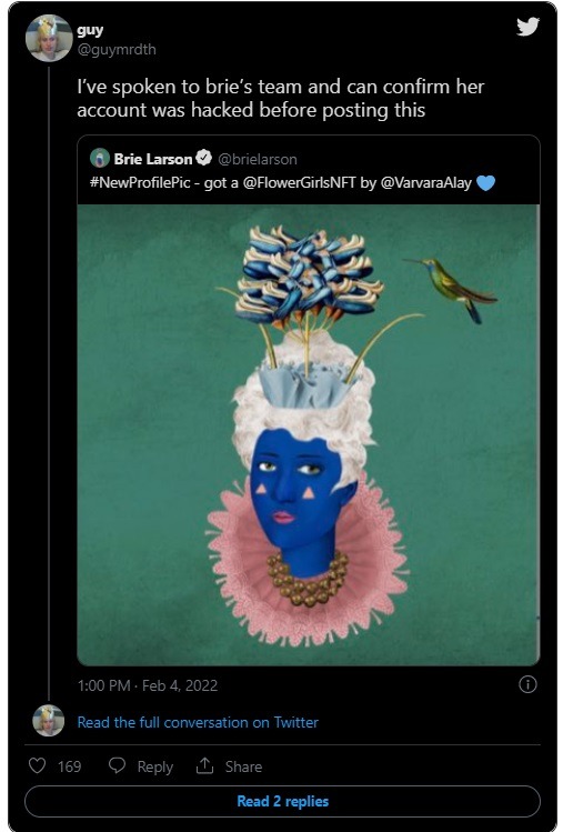 Was Brie Larson's Twitter Account Hacked Before NFT Tweet? Details about possibility of Brie Larson's hacked Twitter account after NFT Flower Girls tweet.