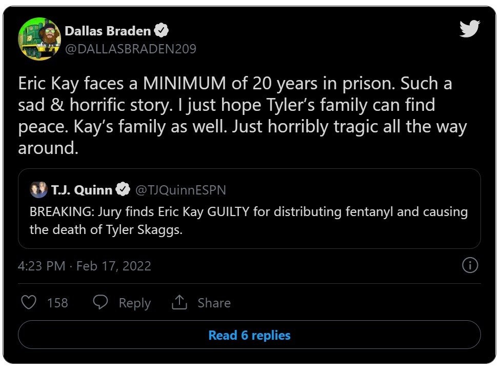 Details on why Eric Kay was Found Guilty of Killing Tyler Skaggs with Fentanyl Laced Pills. Celebrity Reactions to Eric Kay Found Guilty for Tyler Skaggs' Death. Tyler Skaggs' Family Reacts to Eric Kay's Guilty Verdict.