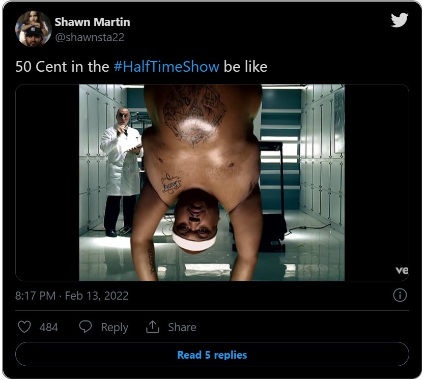 Social Media Reacts 50 Cent Upside Down at Super Bowl LVI Halftime Show with Spider-Man Comparison