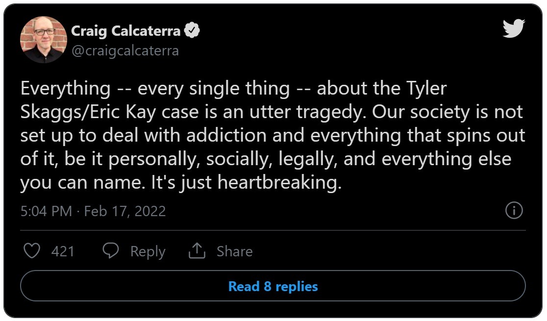 Details on why Eric Kay was Found Guilty of Killing Tyler Skaggs with Fentanyl Laced Pills. Celebrity Reactions to Eric Kay Found Guilty for Tyler Skaggs' Death. Tyler Skaggs' Family Reacts to Eric Kay's Guilty Verdict.