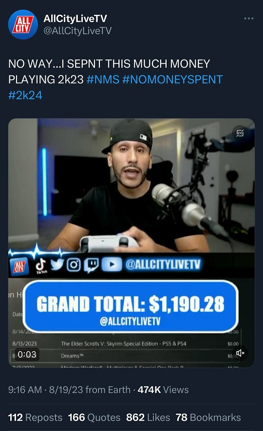 2k Youtuber AllCityLiveTV bragging about spending thousands of dollars on VC in NBA 2K23