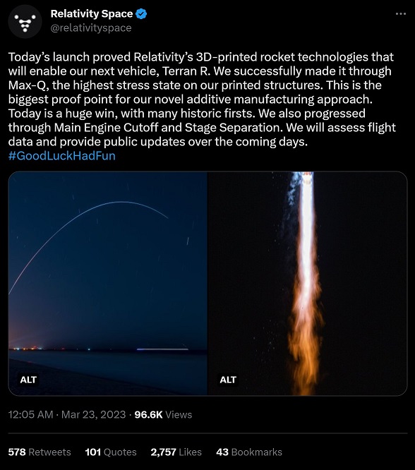 Relativity's 3D Printed Rocket Launch Second Stage Engine Malfunctions Causing It to Fail Reaching Orbit