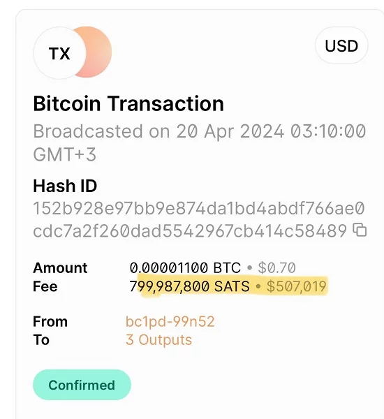Someone Paid a $500K Transaction Fee for 70 Cents of Bitcoin after the 4th Halving event completed