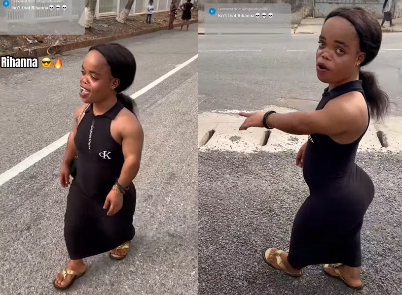 Dwarf woman in Africa who looks like Rihanna walking down the street
