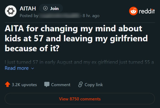 Man Dumps Girlfriend of 25 years after Realizing he Wants Kids at 57 Then Gets Flamed in AITA Reddit Thread