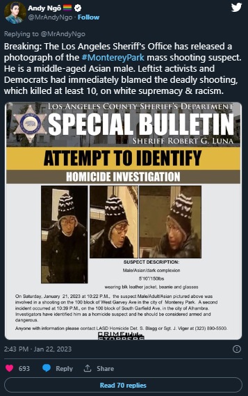 The True Racial Identity of the Monterey Park Mass Shooting Suspect Revealed by Crime Stoppers
