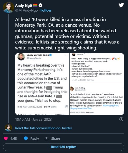 Andy Ngo Calls out Left-Wing Activists Who Incorrectly Claimed Monterey Park Mass Shooter Was a White Supremacist