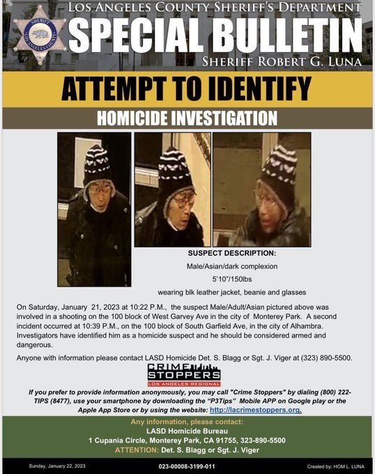 Asian Racial Identity of Monterey Park Mass Shooting Suspect Confirmed in Crime Stoppers Posting
