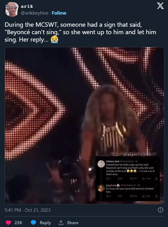 How Beyonce Exposed a Fan Who Said She Couldn't Sing in Front Thousands of People During MCSWT Performance