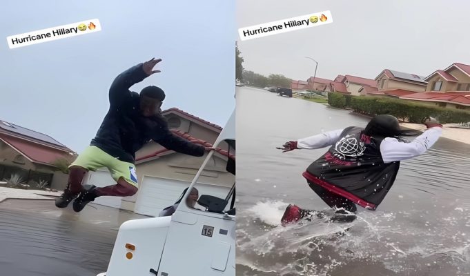 People Celebrating Hurricane Hilary Trends as Videos Showing Split, Botched Backflip, and Woman Swimming in Flood Water Go Viral