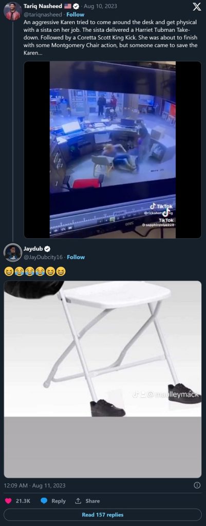 Meme about the black woman using chair in fight against aggressive Karen