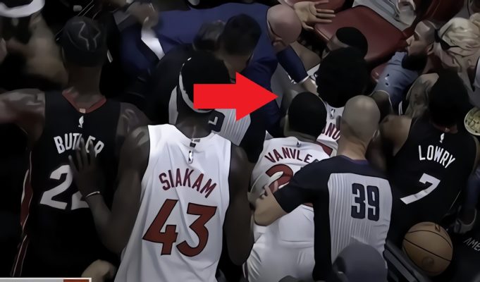 Caleb Martin Fights Christian Koloko in Crowd Causing Massive Brawl Pile Up of Bodies During Heat vs Raptors