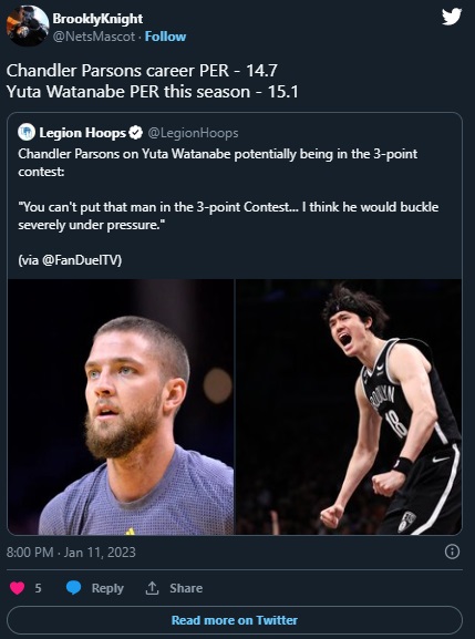 Social Media Roasts Chandler Parsons Hating on Yuta Watanabe's Shooting Ability with Three Point Contest Diss