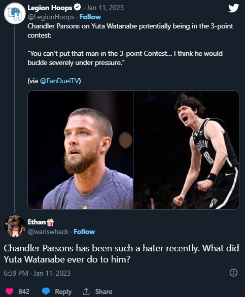 Social Media Roasts Chandler Parsons Hating on Yuta Watanabe's Shooting Ability with Three Point Contest Diss