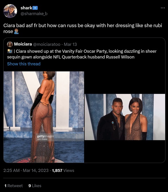 Social Media reaction to Ciara Wearing a Naked See Through Dress at the Oscars talking about Rubi Rose