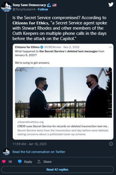 Conspiracy Theory Secret Service is Compromised Trends After CREW Lawsuit Regarding Deleted Text Messages from January 6th Capitol Building Riot