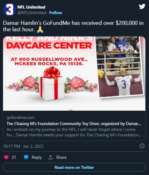 Damar Hamlin GoFundMe Raises Over $200,000 in 1 Hour